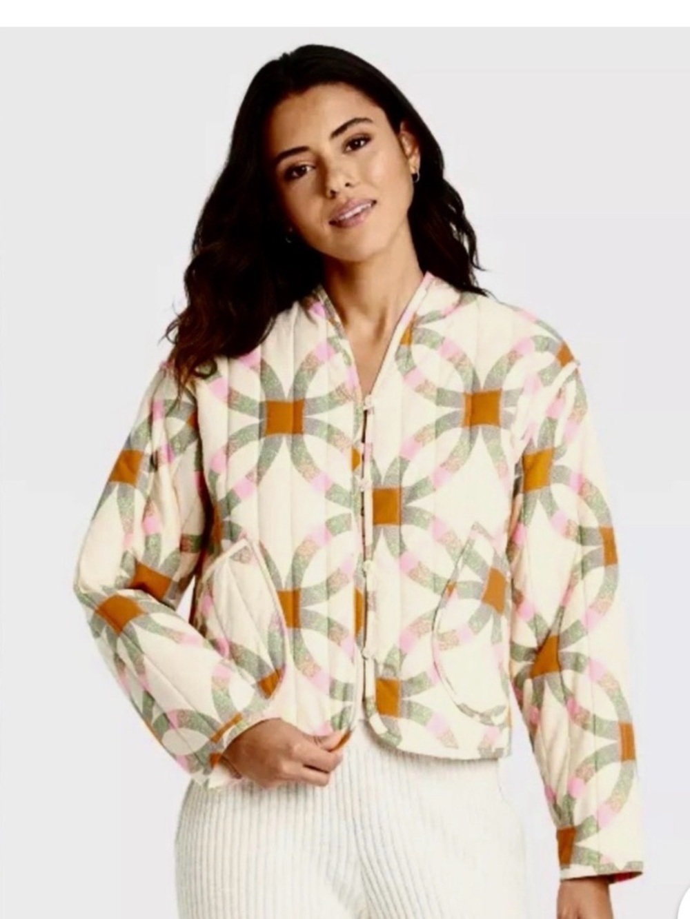 Quilted Bomber Jacket in Cream with Pink, Green & Orange nwot ptp 21.5
